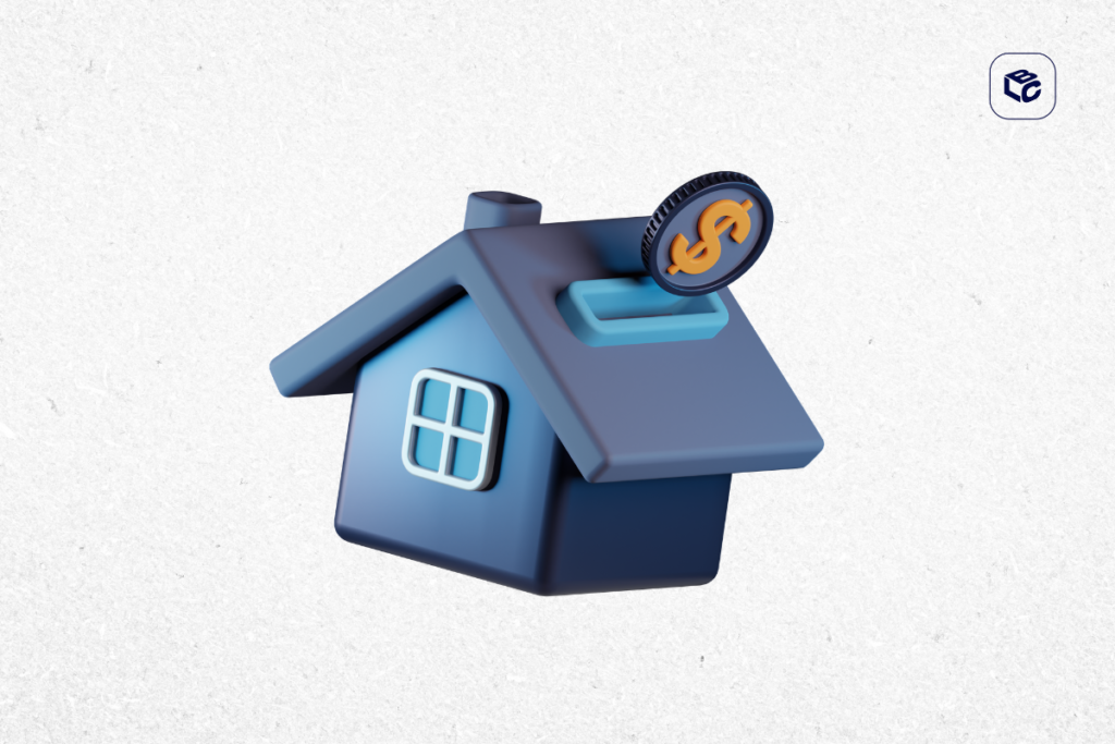 Cofrinho em formato de casa com moeda de dólar, simbolizando poupança.